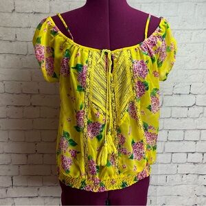 Flying Tomato sheer yellow and pink floral boho blouse size medium